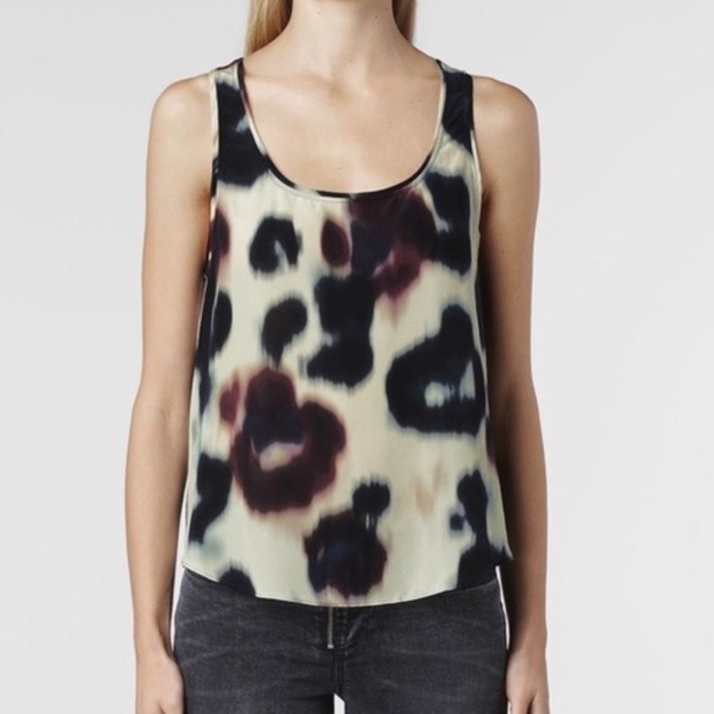 AllSaints Silk Teal Echo Print Tank Top Abstract Leopard Size 4